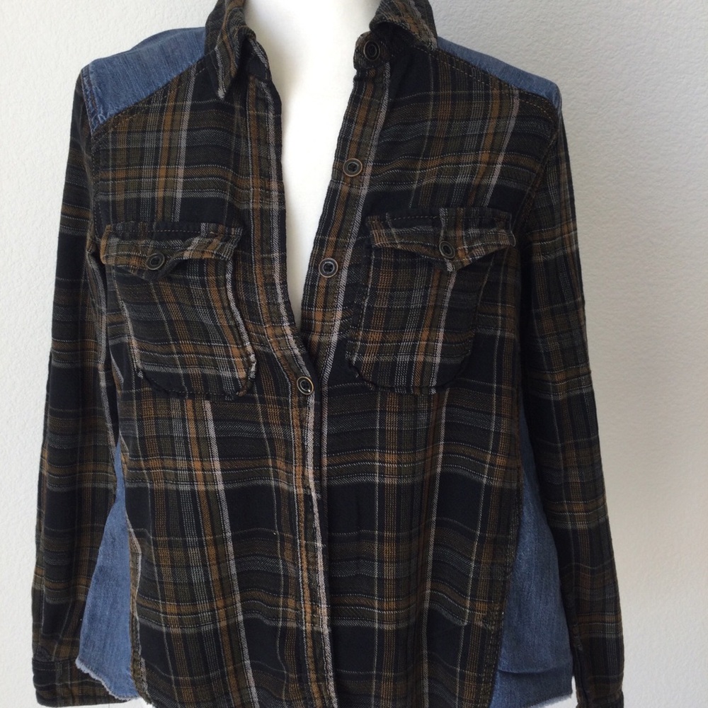 Free People Plaid Long Sleeve Shirt - Black and Brown